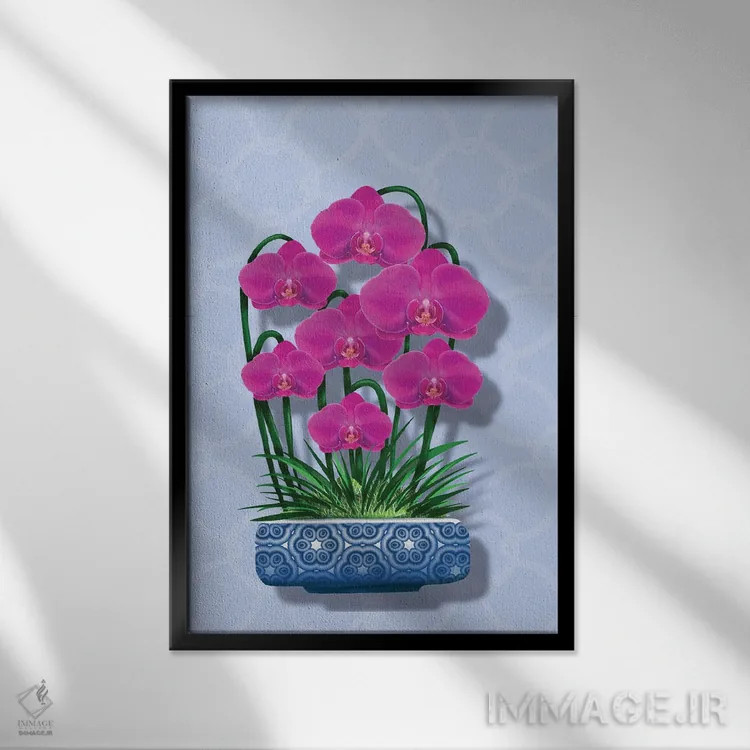 تابلو ارکیده در گلدان آبی اثر آن هاچینسون - نمای قابدار مشکی