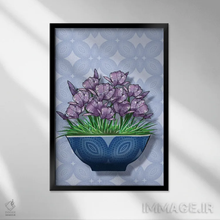 تابلو ماگنولیا در گلدان آبی اثر آن هاچینسون - نمای قابدار مشکی