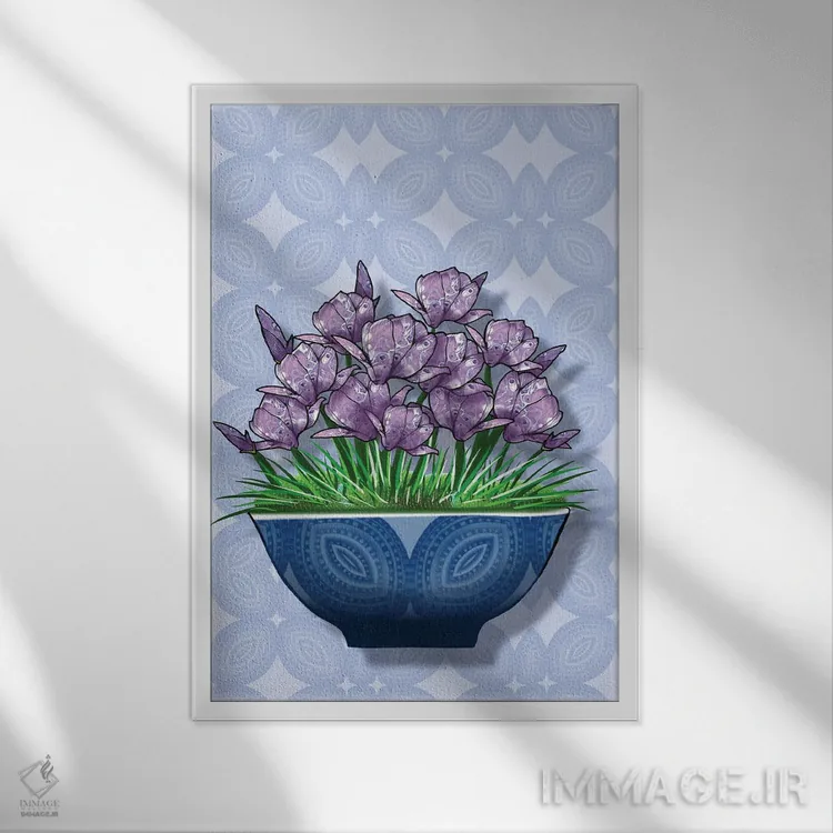 تابلو ماگنولیا در گلدان آبی اثر آن هاچینسون - نمای قابدار سفید