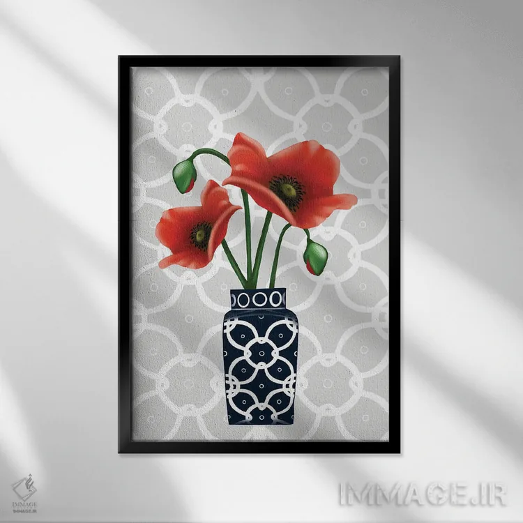 تابلو شقایق در گلدان آبی اثر آن هاچینسون - نمای قابدار مشکی