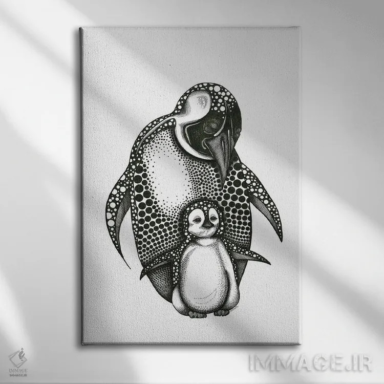 تابلو مادر پنگوئن و بچهاش اثر آن هاچینسون - نمای روبهرو روی دیوار