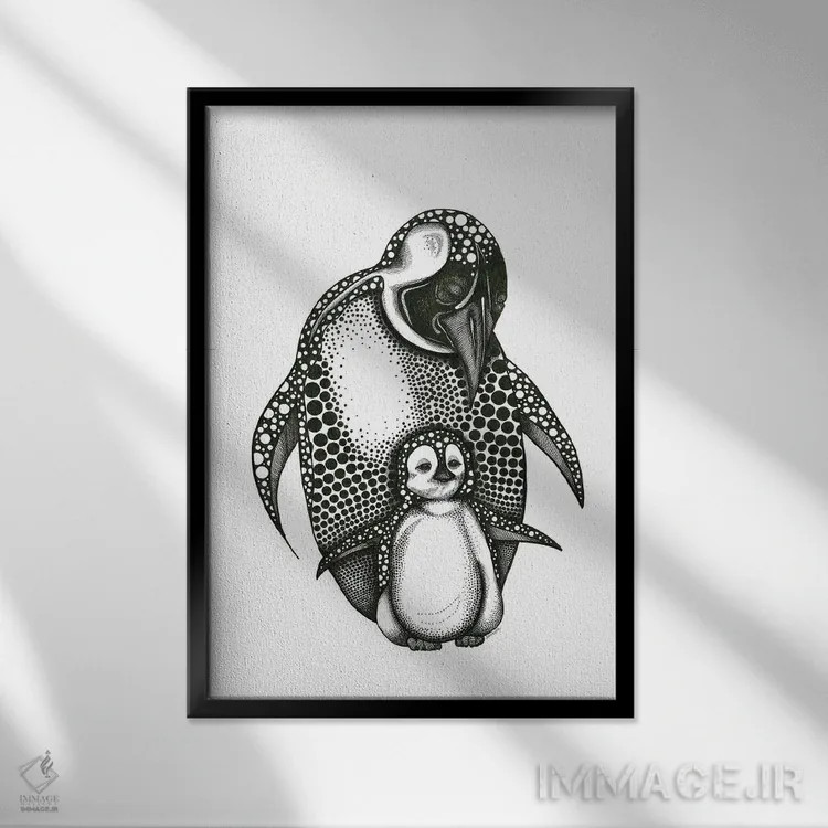 تابلو مادر پنگوئن و بچهاش اثر آن هاچینسون - نمای قابدار مشکی