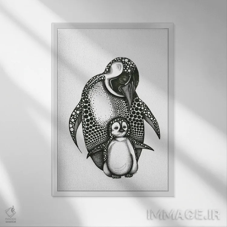 تابلو مادر پنگوئن و بچهاش اثر آن هاچینسون - نمای قابدار سفید