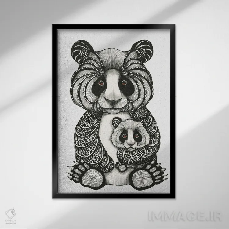 تابلو مامان پاندا و بچهاش اثر آن هاچینسون - نمای قابدار مشکی