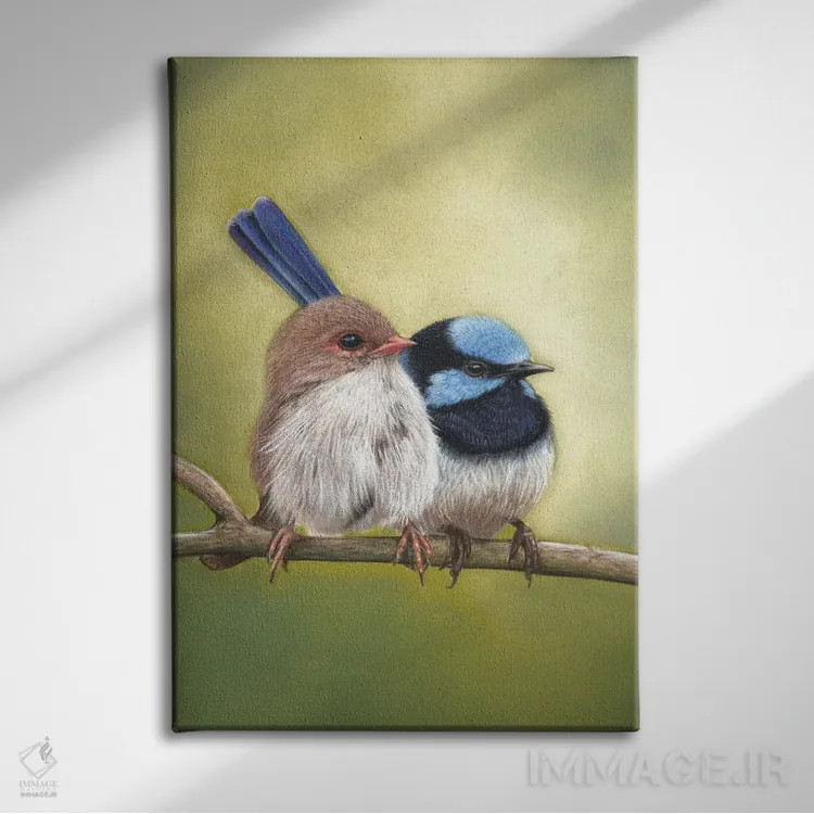 تابلو جفت مرغ پری فوقالعاده (نوعی پرنده) اثر آن هاچینسون - نمای روبهرو روی دیوار