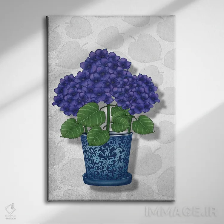 تابلو گلدان آبی با ادریسیهای بنفش (ادریسی: نوعی گل) اثر آن هاچینسون - نمای روبهرو روی دیوار