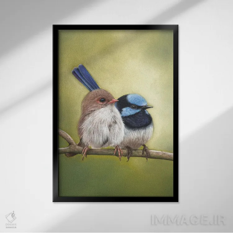 تابلو جفت مرغ پری فوقالعاده (نوعی پرنده) اثر آن هاچینسون - نمای قابدار مشکی