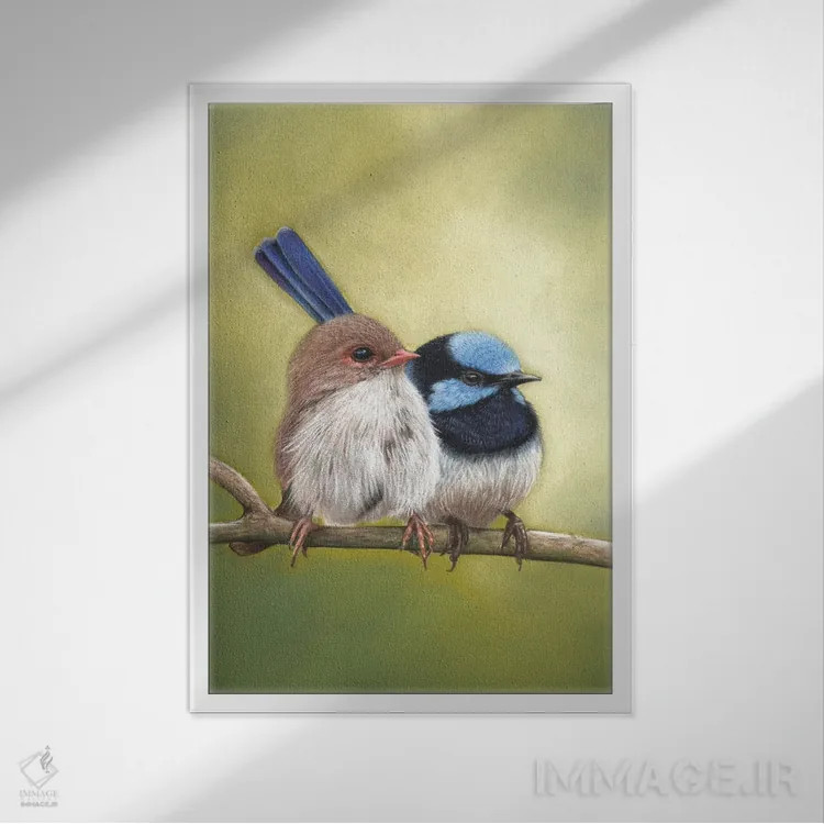 تابلو جفت مرغ پری فوقالعاده (نوعی پرنده) اثر آن هاچینسون - نمای قابدار سفید