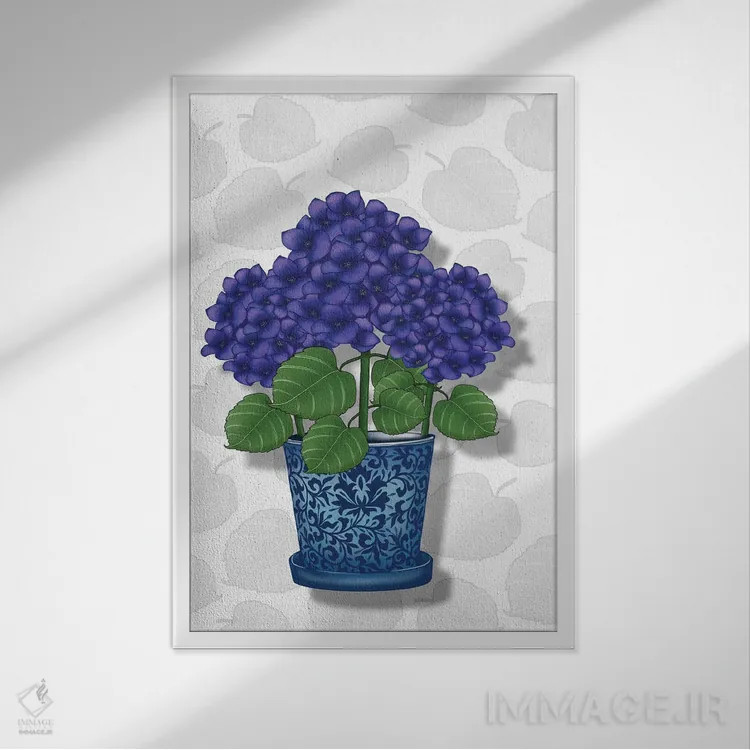 تابلو گلدان آبی با ادریسیهای بنفش (ادریسی: نوعی گل) اثر آن هاچینسون - نمای قابدار سفید