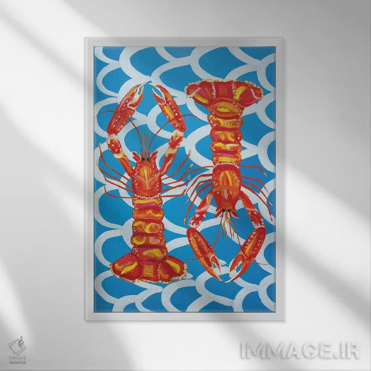 تابلو لنگوستینها روی زمینهٔ موجی آبی اثر آلیس استراکر - نمای قابدار سفید