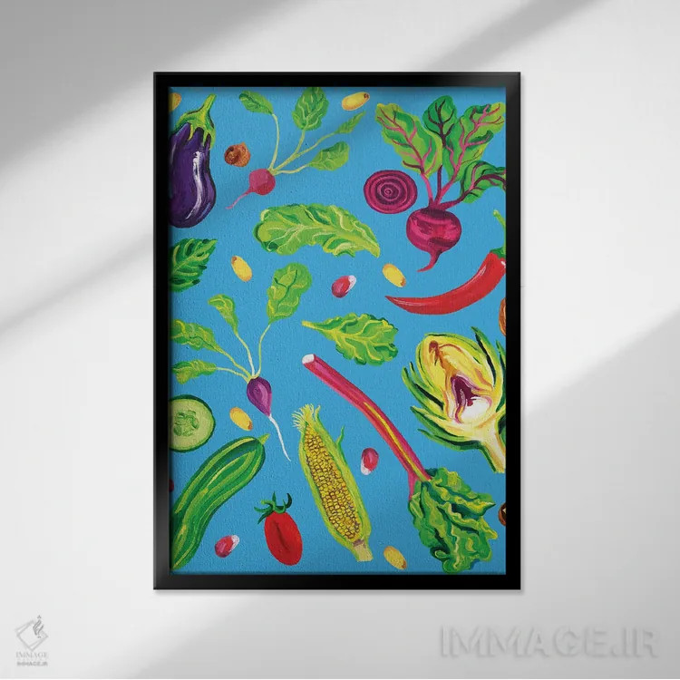 تابلو سبزیجات بهاری آبی اثر آلیس استراکر - نمای قابدار مشکی