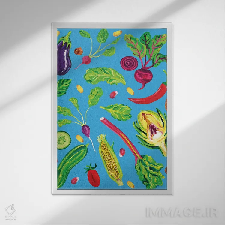تابلو سبزیجات بهاری آبی اثر آلیس استراکر - نمای قابدار سفید