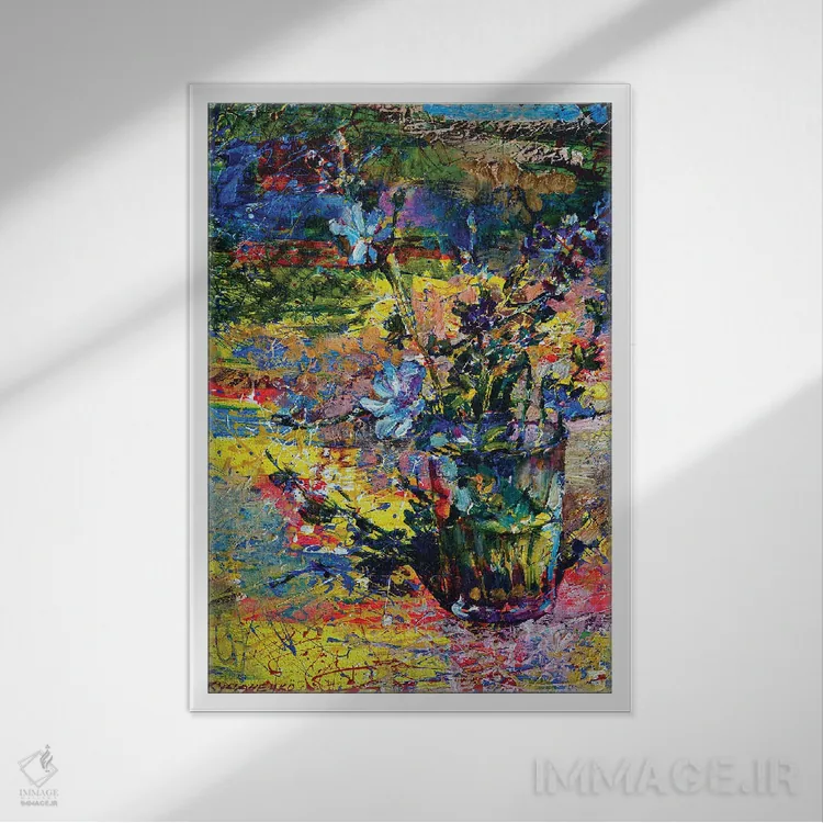 تابلو طبیعت بیجان چندرنگ با گلهای وحشی آبی اثر اندریی کوتساچنکو - نمای قابدار سفید