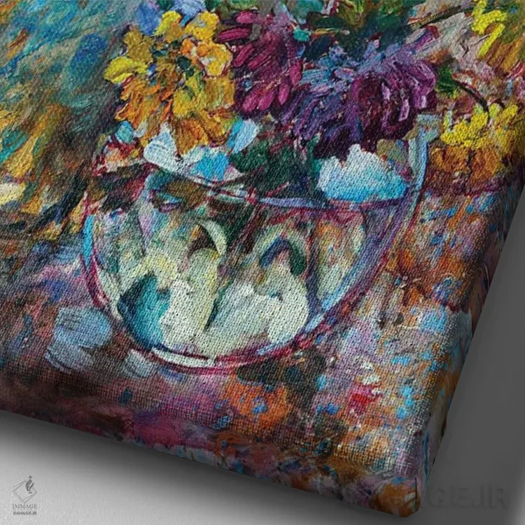 تابلو طبیعت بیجان با گلهای پاییزی اثر اندریی کوتساچنکو - نمای نزدیک بافت بوم