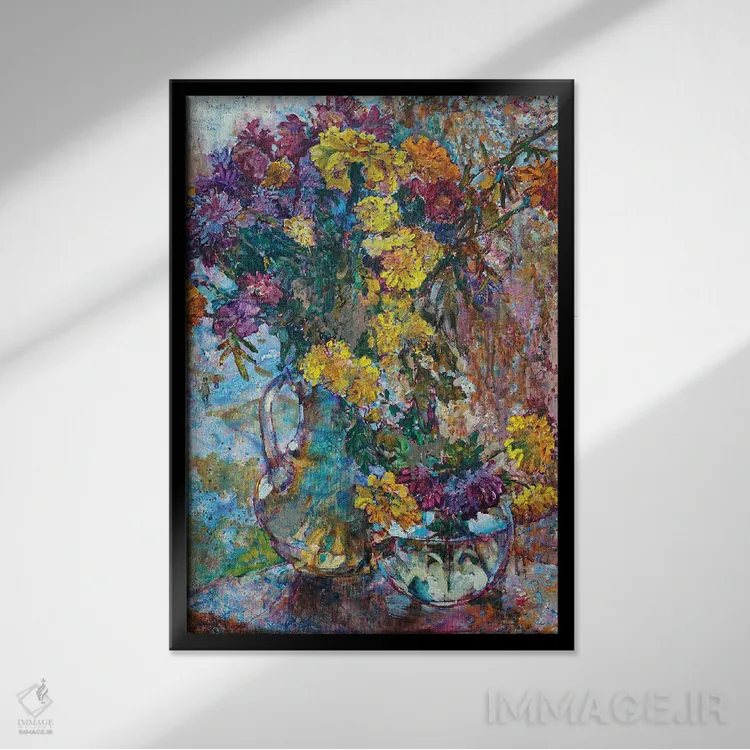 تابلو طبیعت بیجان با گلهای پاییزی اثر اندریی کوتساچنکو - نمای قابدار مشکی