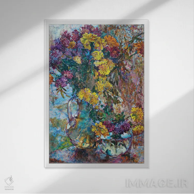 تابلو طبیعت بیجان با گلهای پاییزی اثر اندریی کوتساچنکو - نمای قابدار سفید