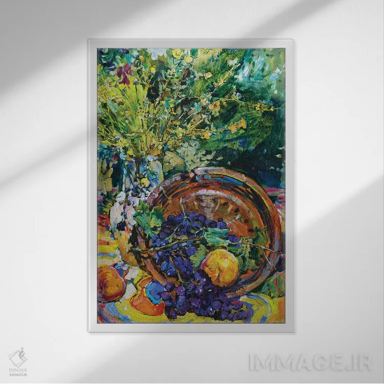 تابلو طبیعت بیجان آفتابی با هلو و گلهای وحشی اثر اندریی کوتساچنکو - نمای قابدار سفید