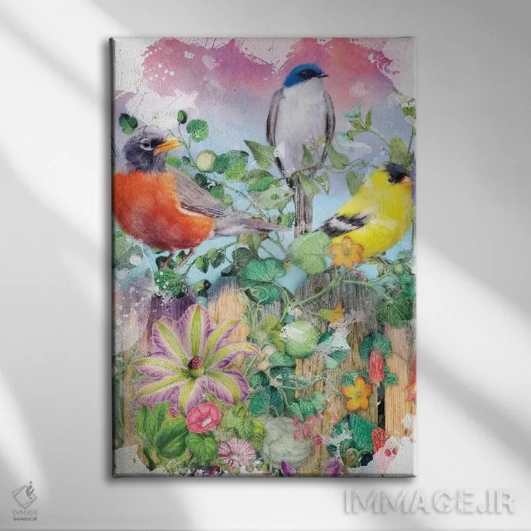 تابلو باغ پرندگان و شکوفهها II اثر ایمی استوارت - نمای روبهرو روی دیوار