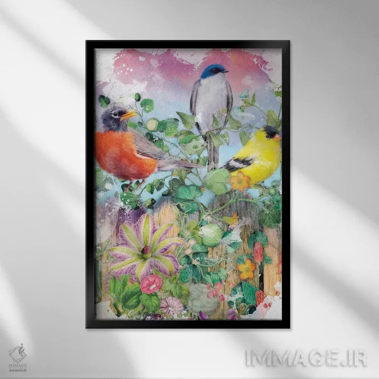 تابلو باغ پرندگان و شکوفهها II اثر ایمی استوارت - نمای قابدار مشکی