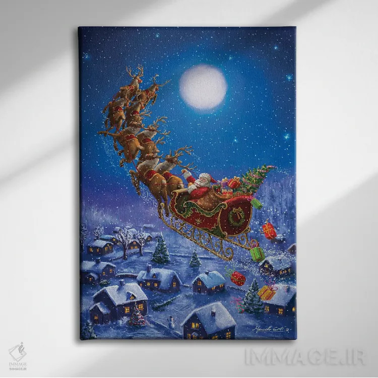 تابلو بابانوئل در حال پرواز اثر علی کورتی - نمای روبهرو روی دیوار