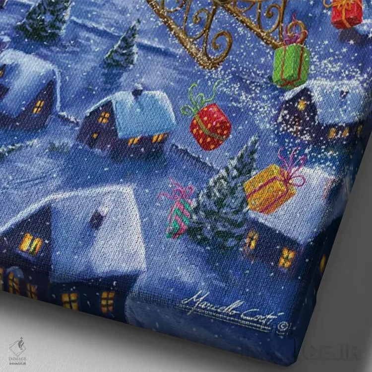 تابلو بابانوئل در حال پرواز اثر علی کورتی - نمای نزدیک بافت بوم