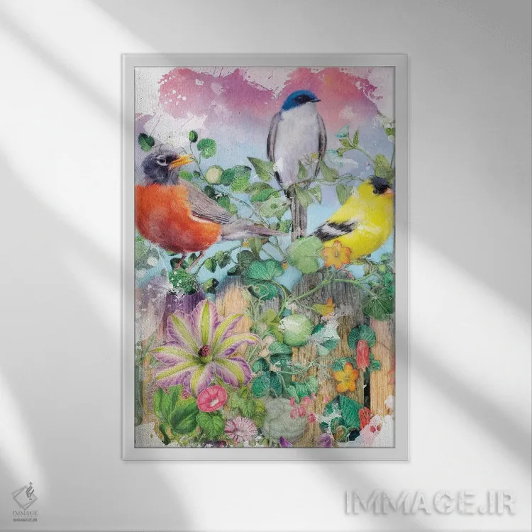 تابلو باغ پرندگان و شکوفهها II اثر ایمی استوارت - نمای قابدار سفید