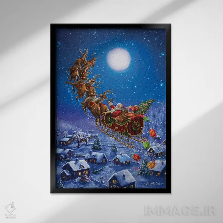 تابلو بابانوئل در حال پرواز اثر علی کورتی - نمای قابدار مشکی