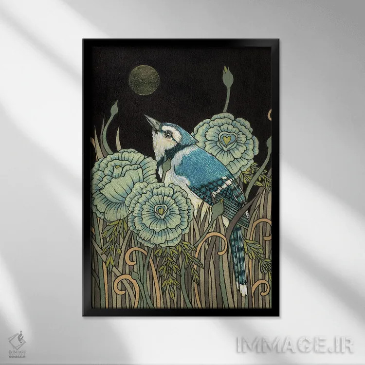 تابلو جیجغد آبی (پرنده) اثر آنیتا اینوراریتی - نمای قابدار مشکی