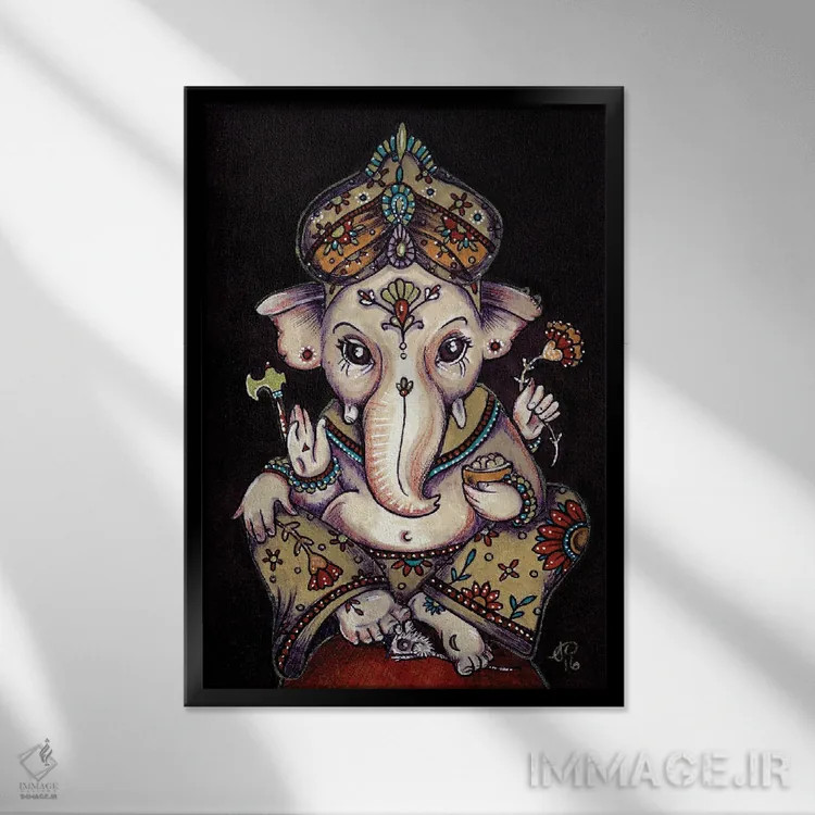 تابلو گانشا (خدای هندو، سر فیل) اثر آنیتا اینوراریتی - نمای قابدار مشکی