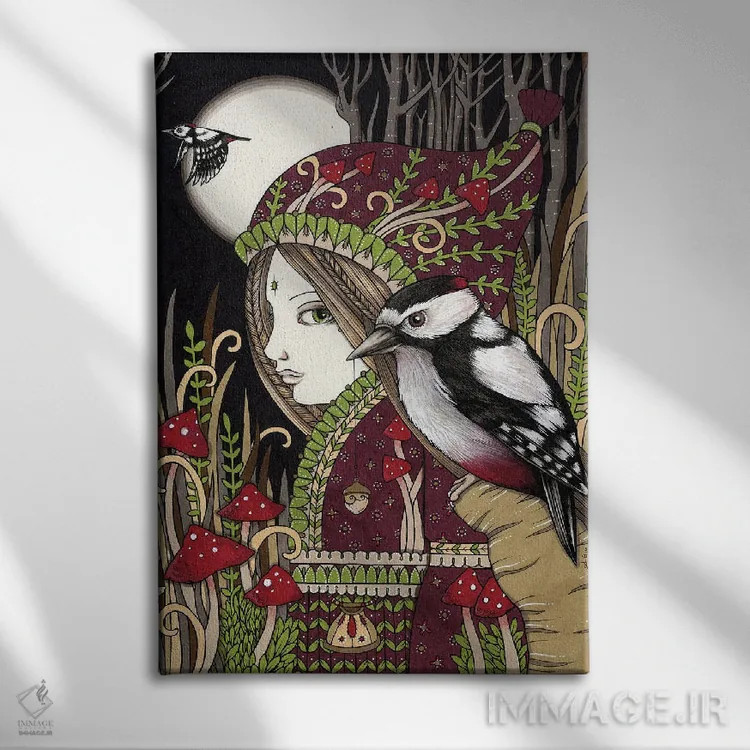 تابلو پیکیده دعانویس (پیکیده=دارکوب، دعانویس=یابنده آب) اثر آنیتا اینوراریتی - نمای روبهرو روی دیوار