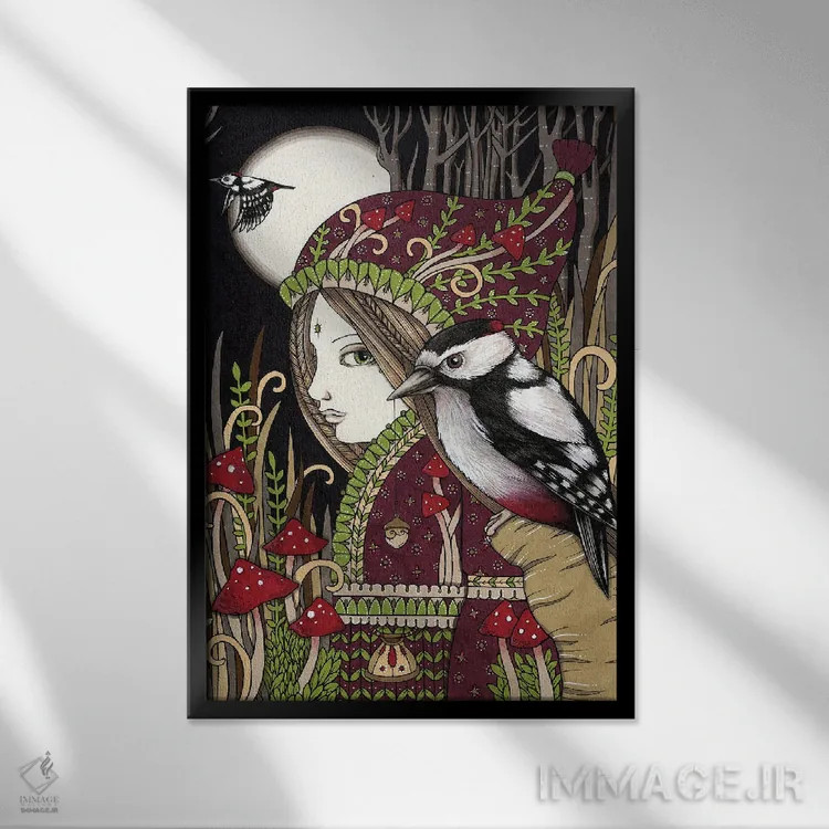 تابلو پیکیده دعانویس (پیکیده=دارکوب، دعانویس=یابنده آب) اثر آنیتا اینوراریتی - نمای قابدار مشکی