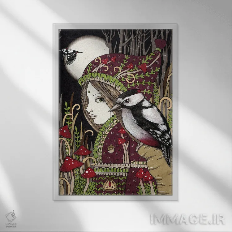 تابلو پیکیده دعانویس (پیکیده=دارکوب، دعانویس=یابنده آب) اثر آنیتا اینوراریتی - نمای قابدار سفید