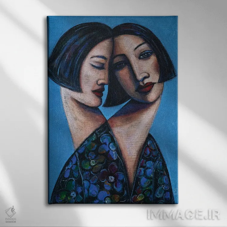 تابلو دو خواهر با بلوز گلدار اثر آسایزا - نمای روبهرو روی دیوار