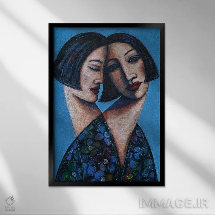تابلو دو خواهر با بلوز گلدار اثر آسایزا - نمای قابدار مشکی