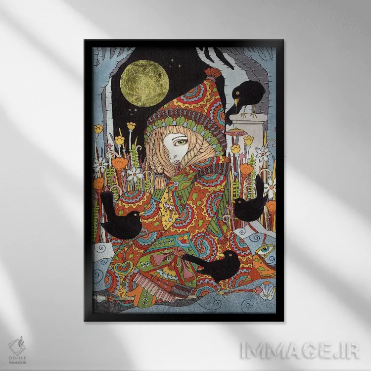 تابلو باغ پرنده سیاهبال اثر آنیتا اینوراریتی - نمای قابدار مشکی