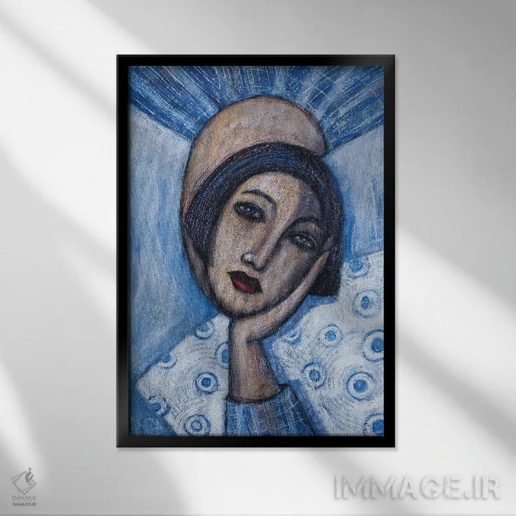 تابلو دختر با پیژامه آبی اثر آسایزا - نمای قابدار مشکی