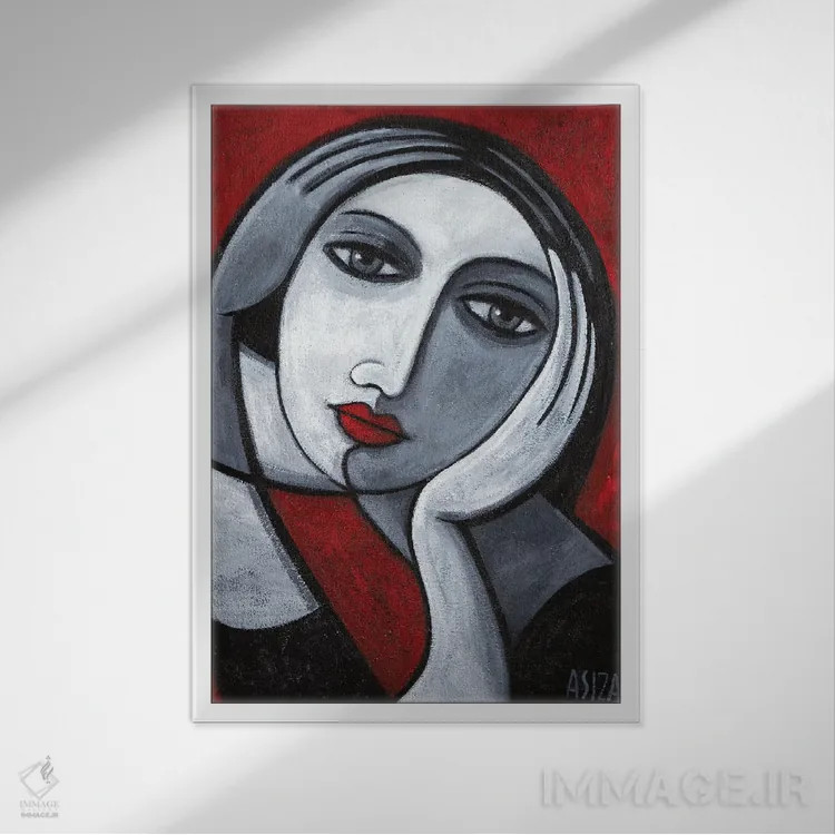 تابلو زن با دو صورت اثر آسایزا - نمای قابدار سفید