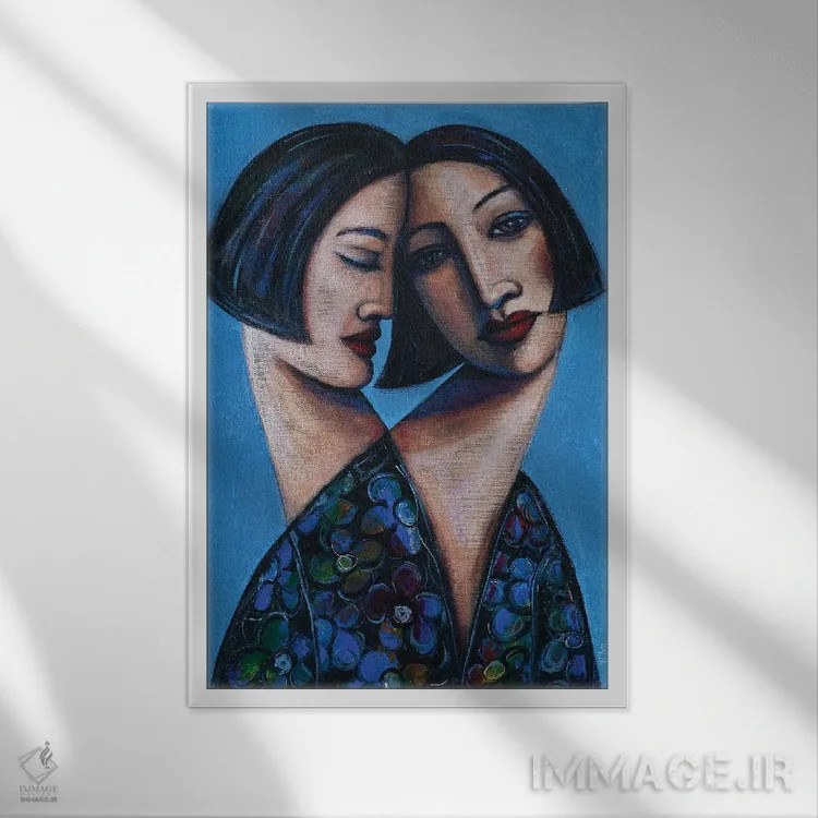 تابلو دو خواهر با بلوز گلدار اثر آسایزا - نمای قابدار سفید