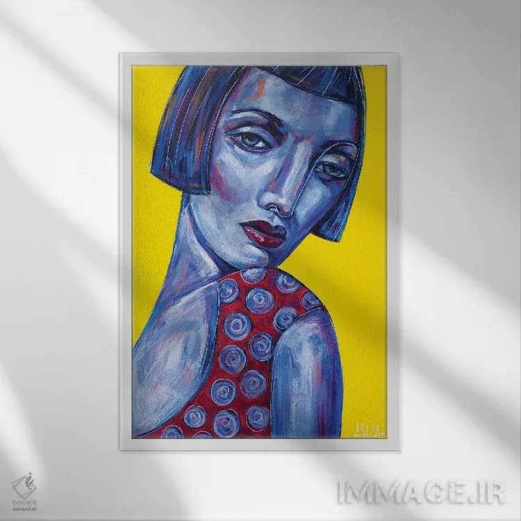 تابلو دختر با بلوز خالخالی اثر آسایزا - نمای قابدار سفید