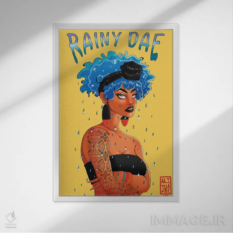 تابلو روز بارانی (نام خاص/بازی با واژه) اثر علیجاه وست - نمای قابدار سفید