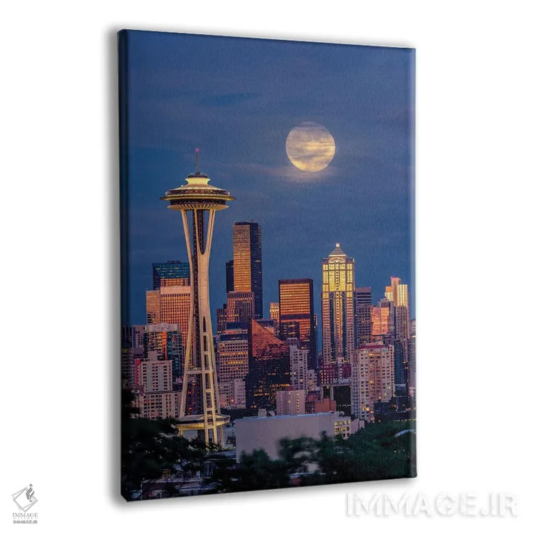 تابلو خط افق سیاتل و ماه فوقالعاده در گرگ و میش، سیاتل، ایالت واشنگتن اثر آدام جونز - نمای پرسپکتیو محصول