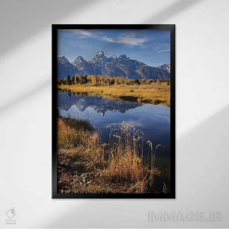 تابلو رشتهکوه تتون از منظرهٔ شواباکر، پارک ملی گرند تتون، وایومینگ اثر آدام جونز - نمای قابدار مشکی