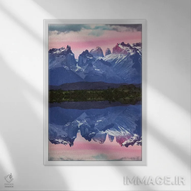 تابلو انعکاس کوهستان پائینه در غروب، پارک ملی تورس دل پائینه، شیلی، پاتاگونیا اثر آدام جونز - نمای قابدار سفید