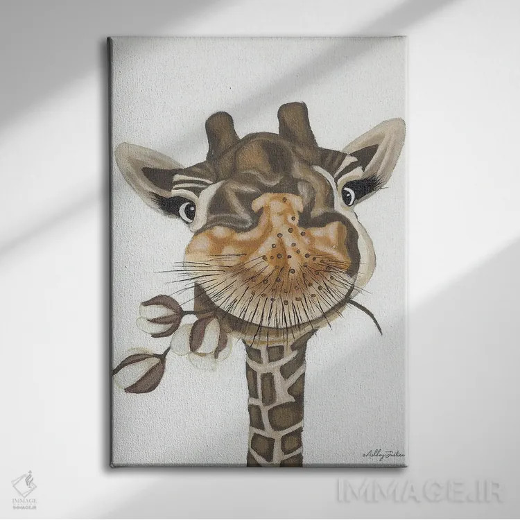 تابلو زرافه همراه با پنبه اثر اشلی جاستیس - نمای روبهرو روی دیوار