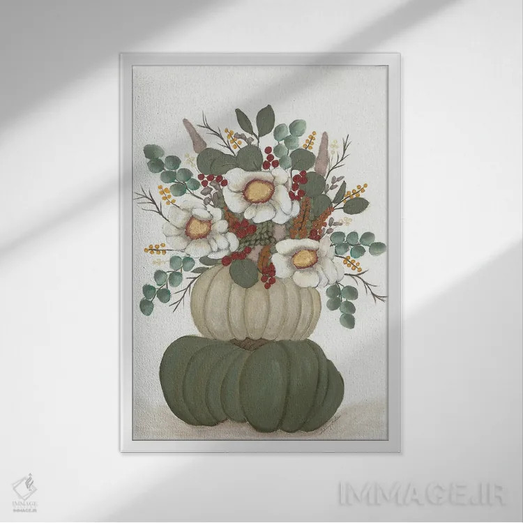 تابلو برج کدو تنبل گلدار اثر اشلی جاستیس - نمای قابدار سفید