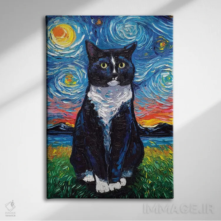 تابلو شب گربه تاکسیدو (گربه سیاه و سفید با طرح خاص) اثر آجا تریر - نمای روبهرو روی دیوار