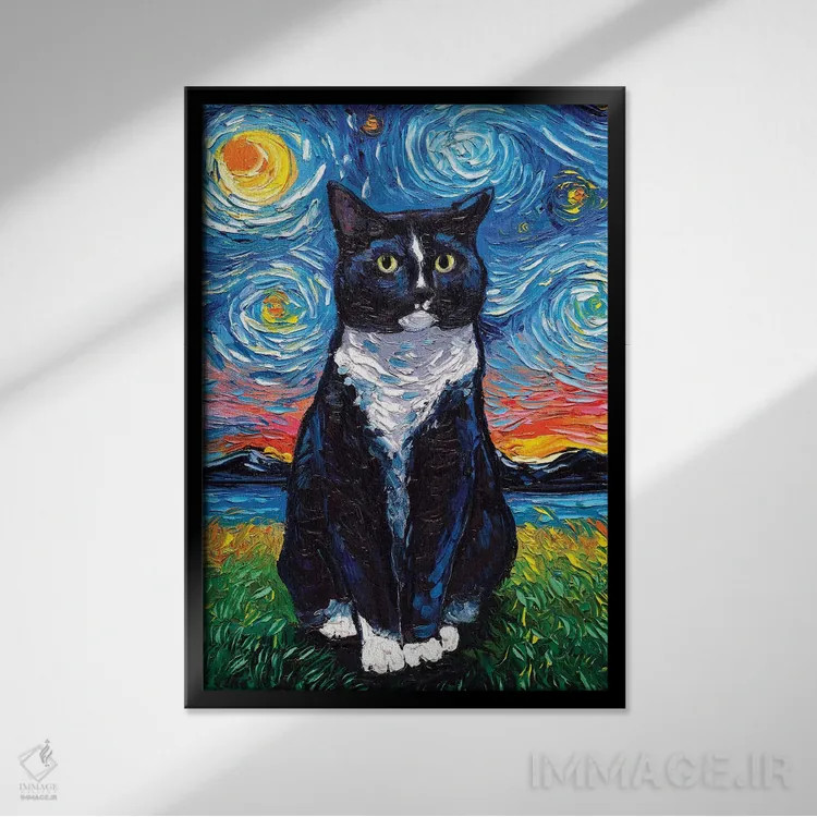 تابلو شب گربه تاکسیدو (گربه سیاه و سفید با طرح خاص) اثر آجا تریر - نمای قابدار مشکی