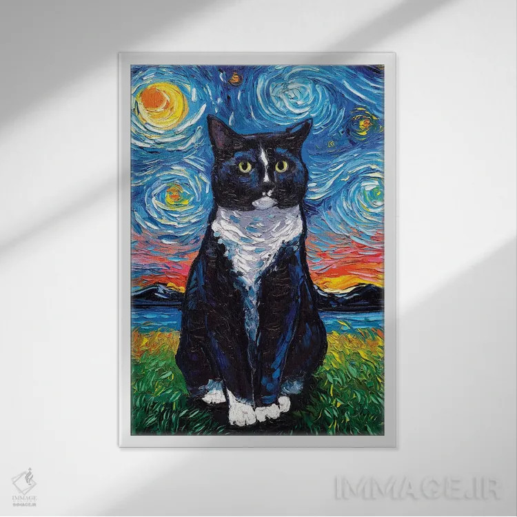 تابلو شب گربه تاکسیدو (گربه سیاه و سفید با طرح خاص) اثر آجا تریر - نمای قابدار سفید