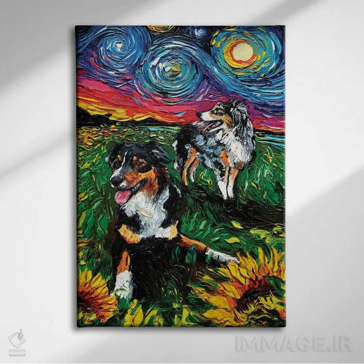 تابلو چوپانهای استرالیایی ستارهدار اثر آجا تریر - نمای روبهرو روی دیوار