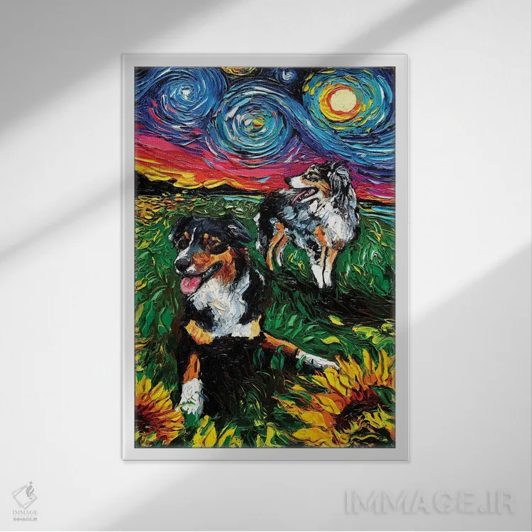 تابلو چوپانهای استرالیایی ستارهدار اثر آجا تریر - نمای قابدار سفید